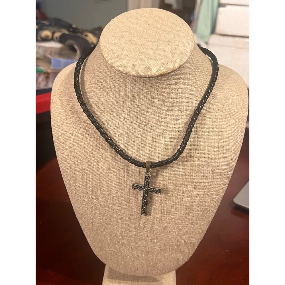 Source Unknown Black Braided Leather Necklace with Antique Silver Cross Pendant